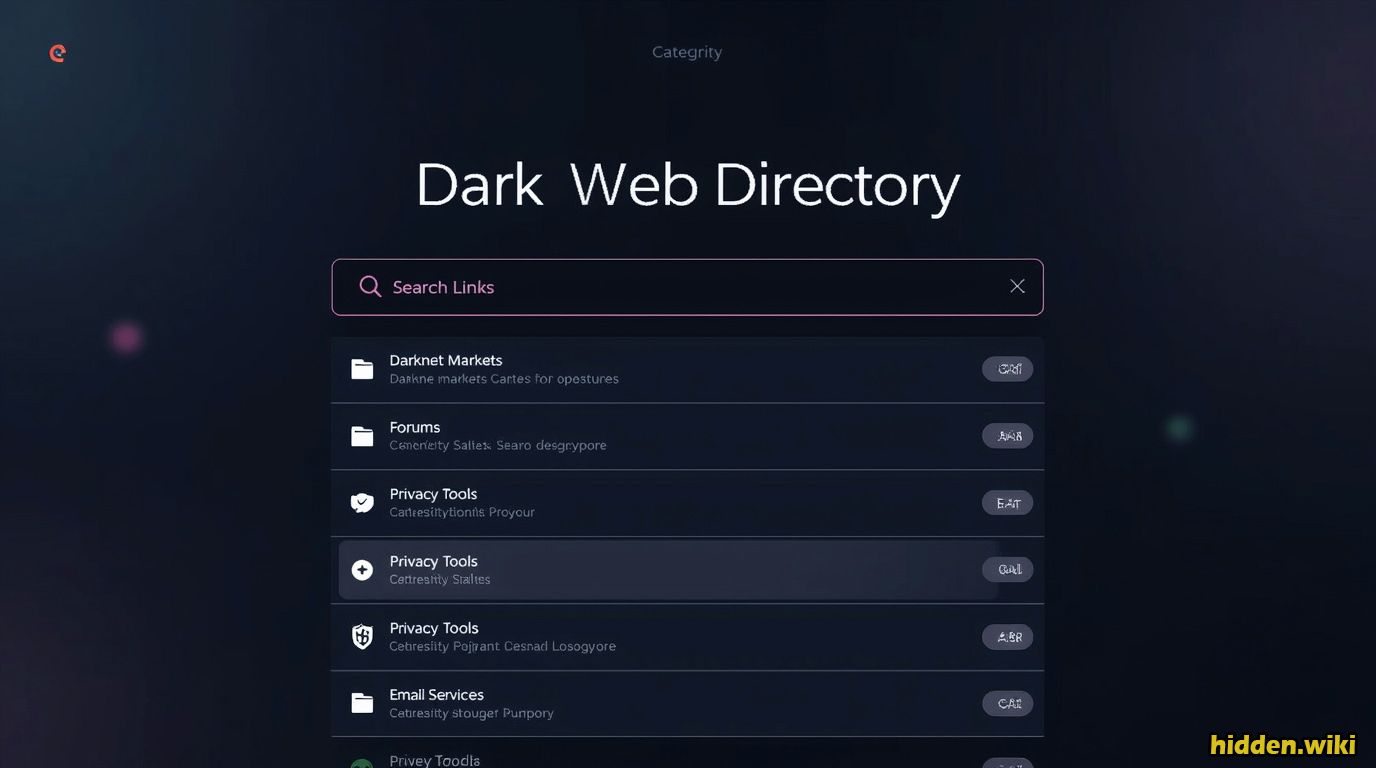 Screenshot mockup of the Hidden Wiki directory showing categorized dark web links