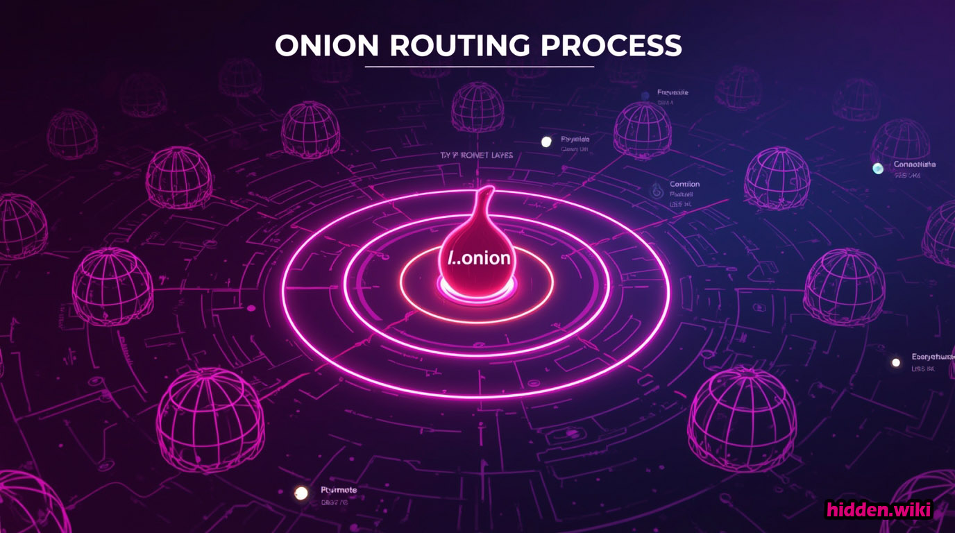 Diagram illustrating Tor onion routing and how .onion sites like the Hidden Wiki ensure anonymity