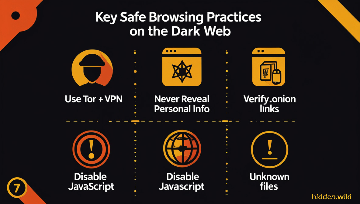Infographic with safe browsing practices on the dark web, including using VPN, avoiding personal info, and verifying links