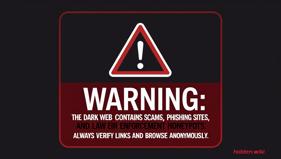 Security warning banner advising users about scams, phishing, and honeypots on the dark web