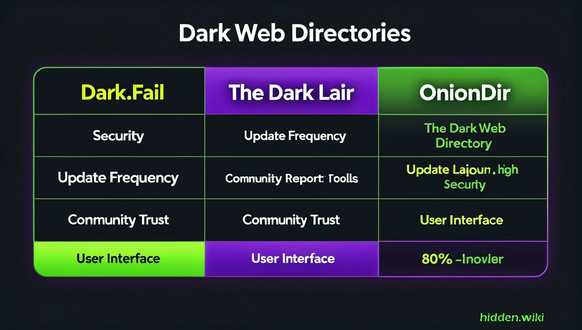 Visual comparison chart of Hidden Wiki alternatives like Dark.fail, The Dark Lair, and OnionDir