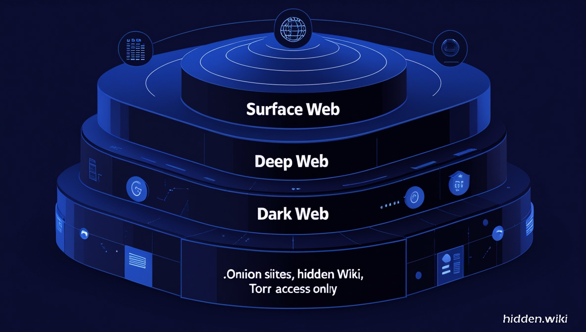 Diagram showing difference between surface web, deep web, and dark web layers