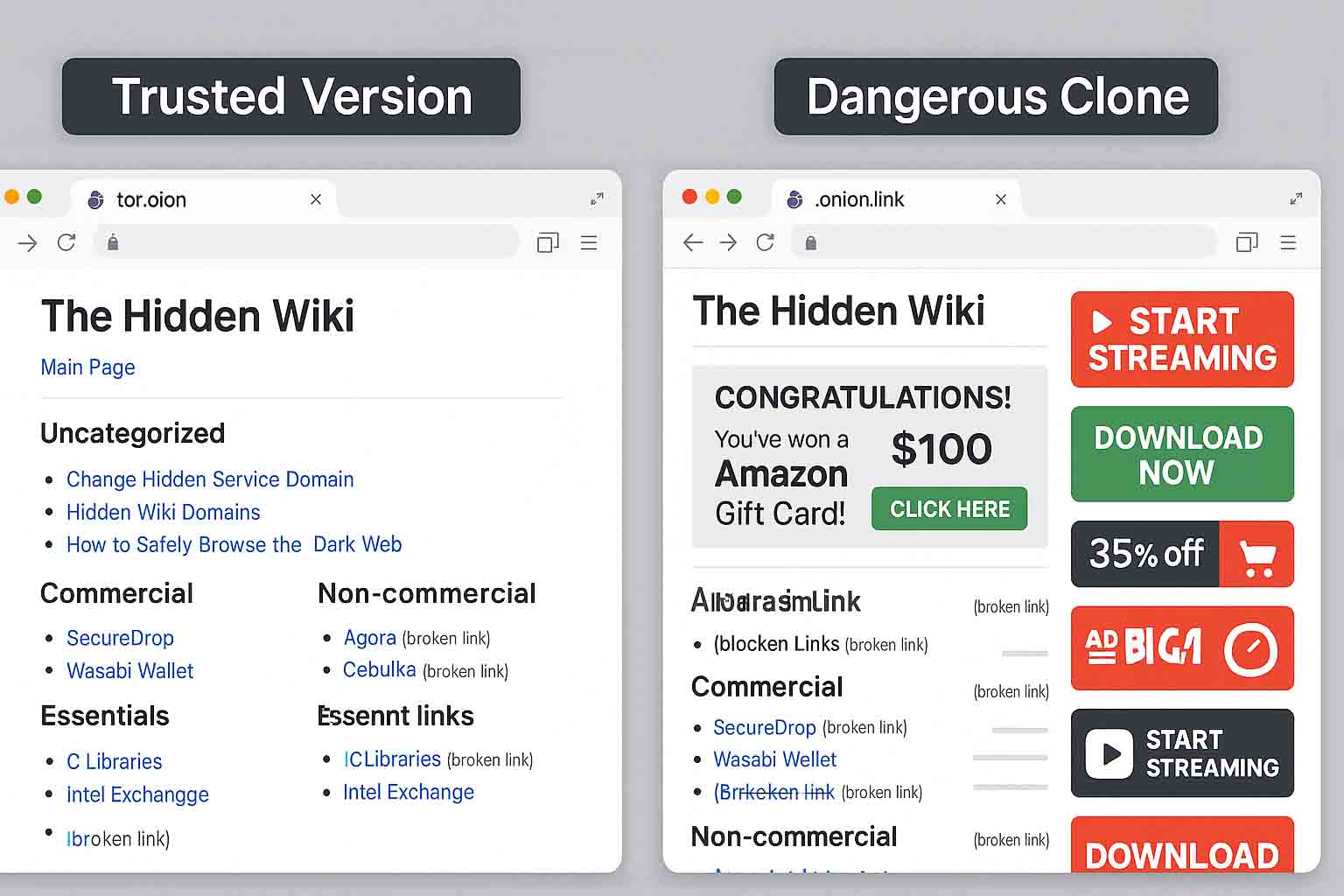 Comparison of a real Hidden Wiki directory and a fake clone, showing differences in design, pop-ups, and verified security indicators.