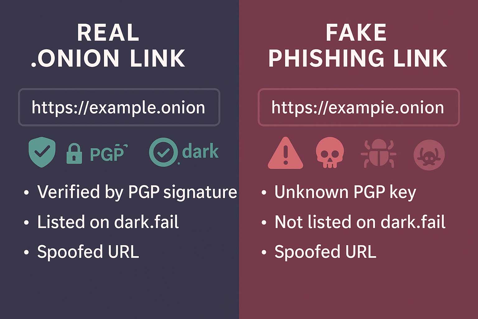  Side-by-side comparison of a verified .onion link and a fake phishing clone, with URL spoofing examples and red warning signs.