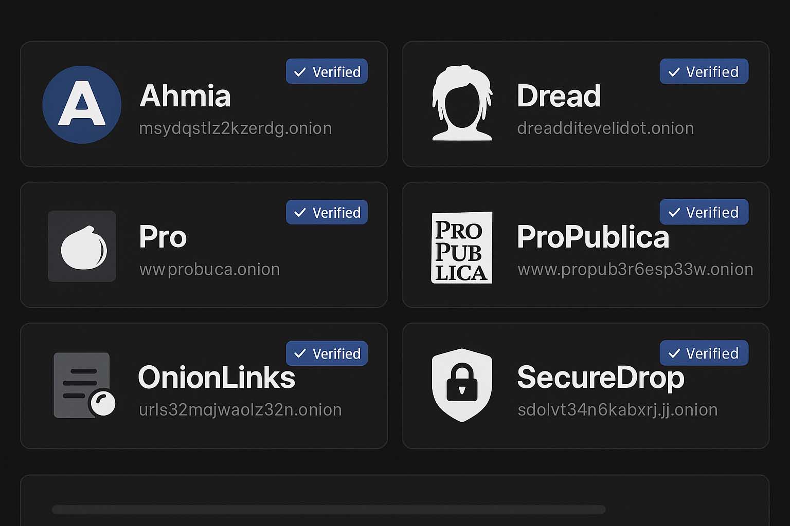 A clean grid showing logos and icons of the top 12 verified dark web sites, including Ahmia, Dread, SecureDrop, and Hidden Wiki.