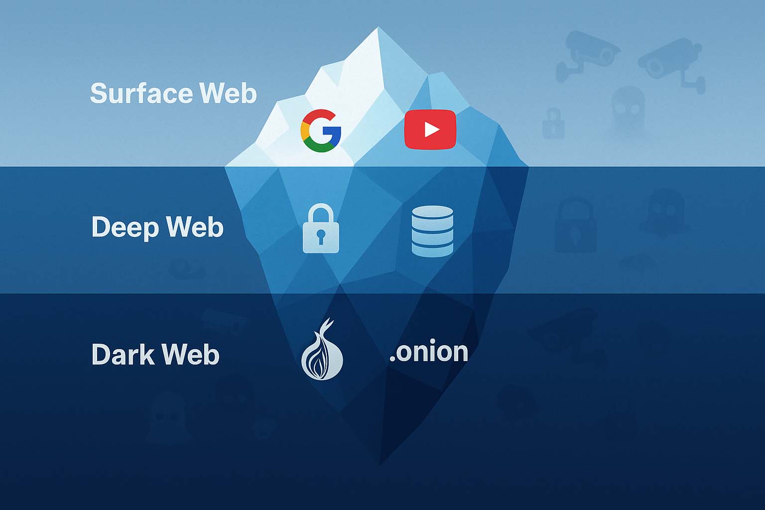  An iceberg-style graphic showing the surface web, deep web, and dark web layers, with labeled icons like Google, login portals, and Tor .onion links.