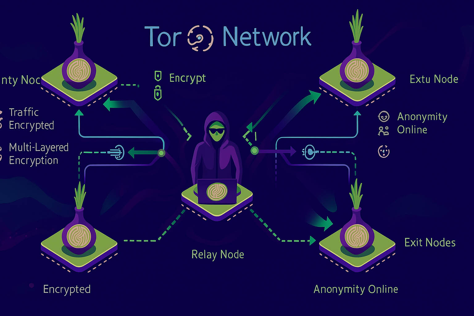 Diagram showing how the Tor network routes onion links through multiple encrypted layers