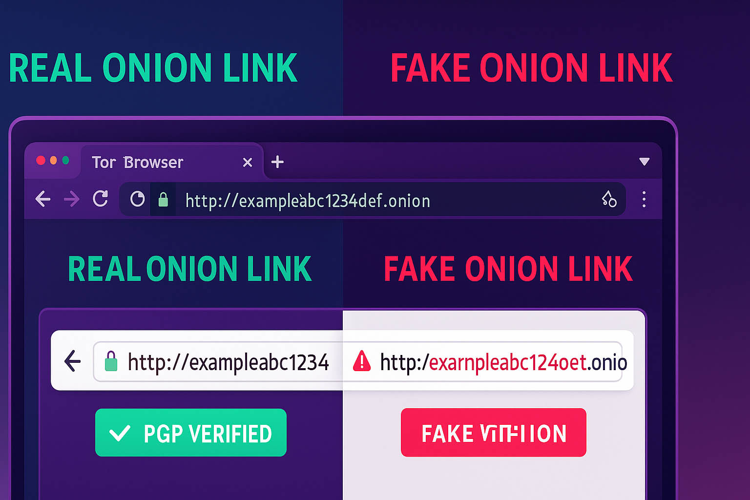 Side-by-side comparison of a verified onion link and a fake phishing link, highlighting spelling errors and missing PGP verification.