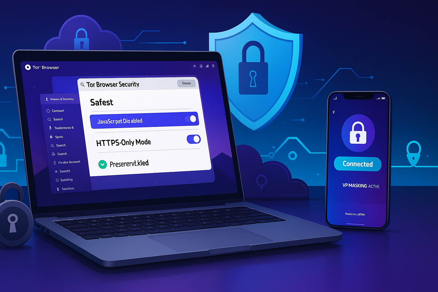Screenshot of Tor Browser’s security settings with safer browsing mode, JavaScript disabled, and VPN integration. Purpose: Leaves readers with a strong takeaway visual of safe browsing practices.