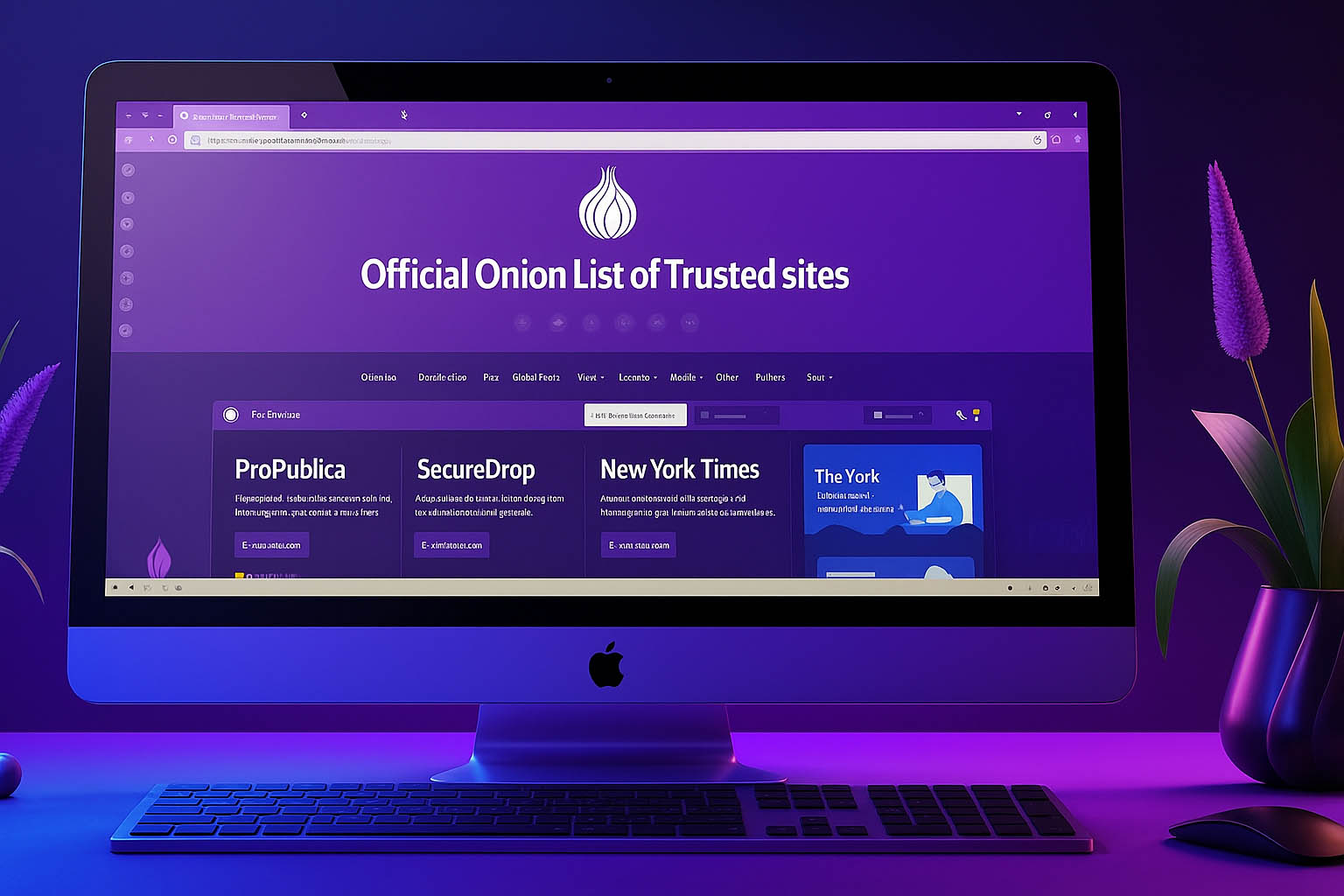 Screenshot-style image of ProPublica, SecureDrop, and New York Times onion versions in Tor Browser.