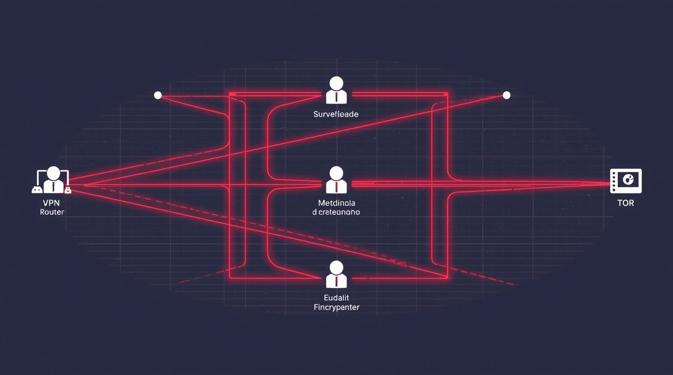 VPN and Tor diagram showing fingerprinting and metadata tracking risks in 2025.