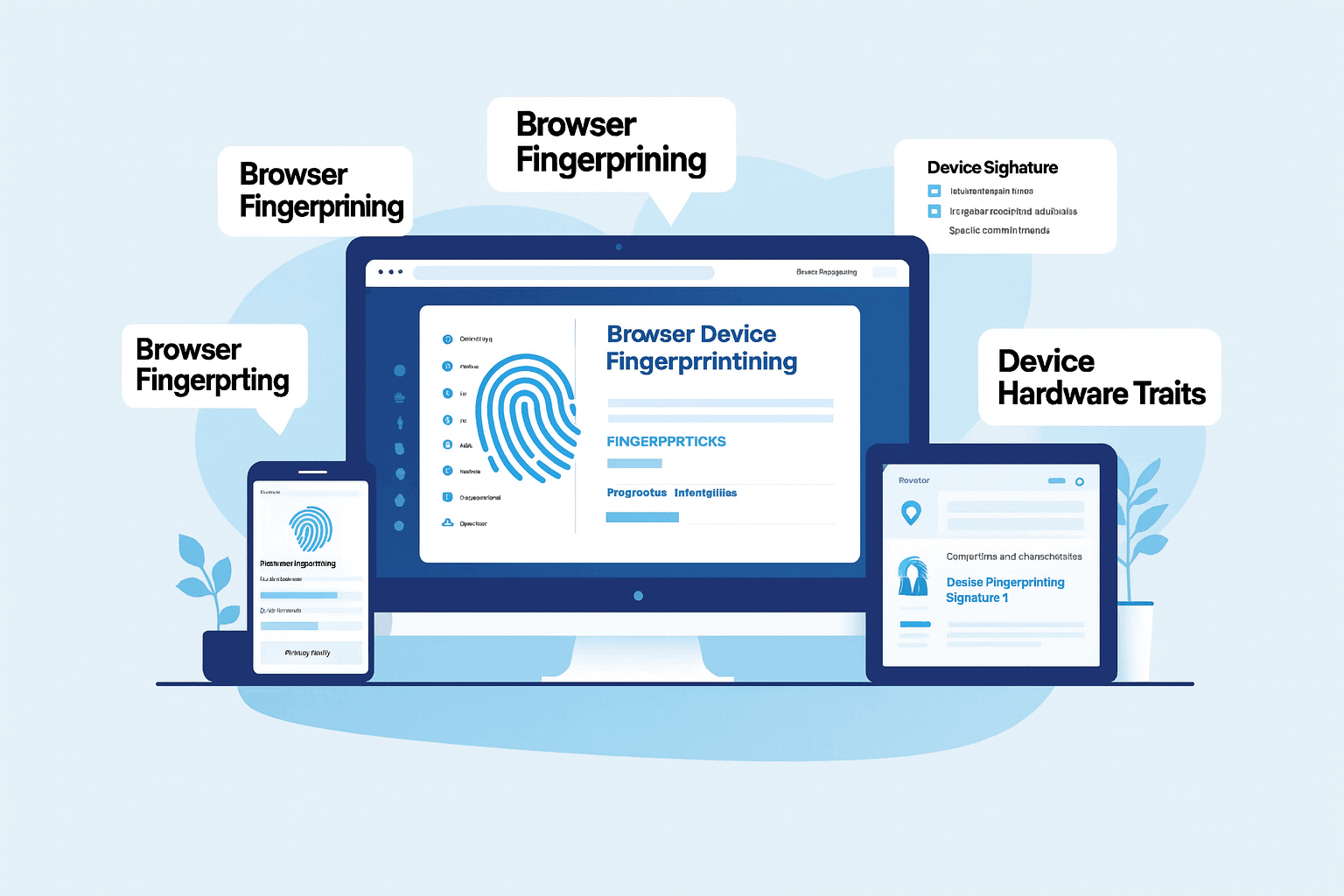 diagram showing how browser fingerprinting and metadata help identify a device online