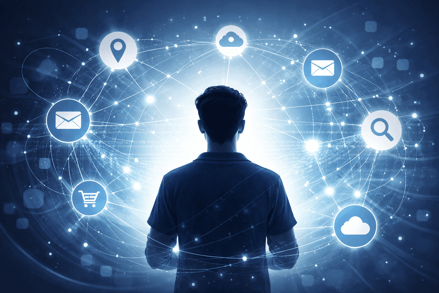 Visual representation of a digital footprint with connected data points showing online activity and tracking