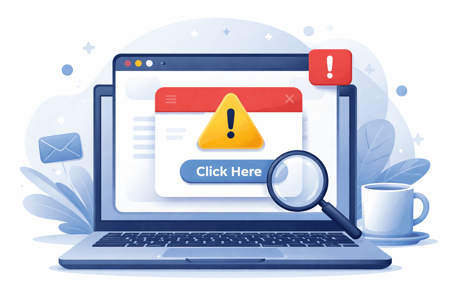 Illustration of a laptop showing a suspicious message with a warning symbol, representing phishing risks and unsafe links