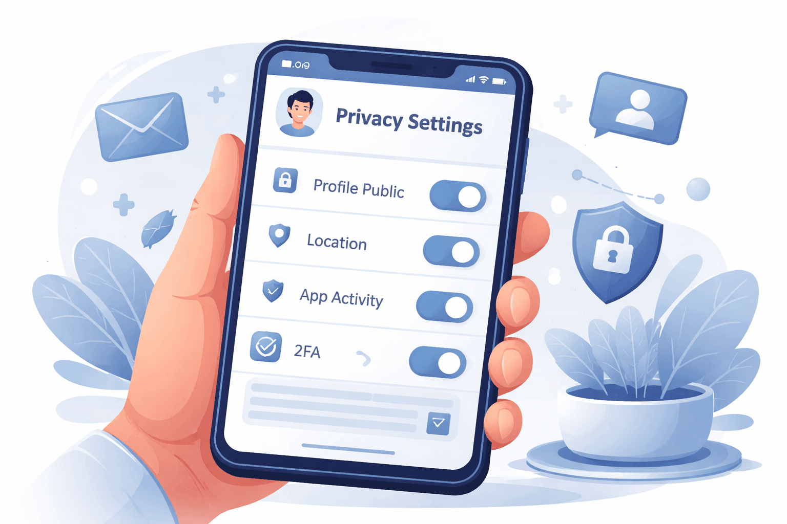 Illustration of a smartphone displaying privacy settings with security options for controlling personal data and account protection