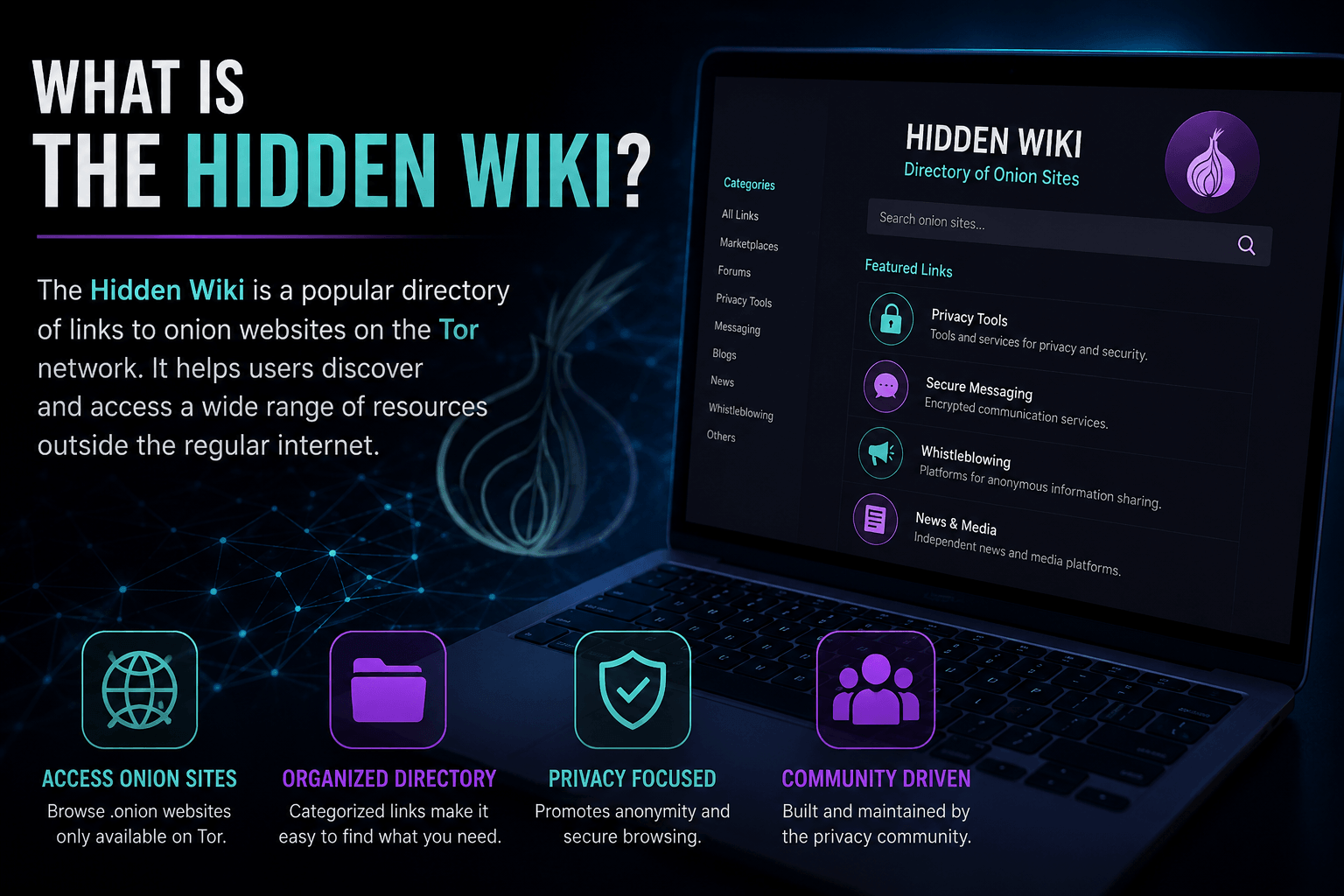 Illustration explaining what the Hidden Wiki is, showing a directory of onion services within the Tor network and privacy-focused technologies.