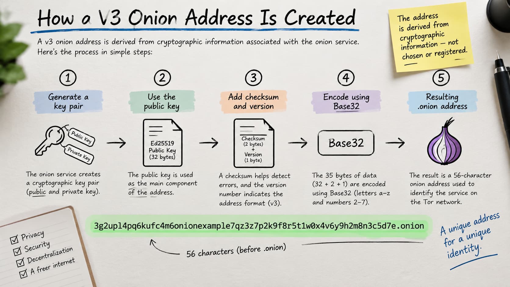 Process showing how cryptographic information creates a v3 onion address