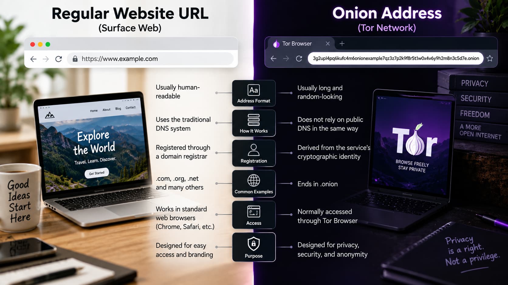 Difference between a regular website URL and a Tor onion address