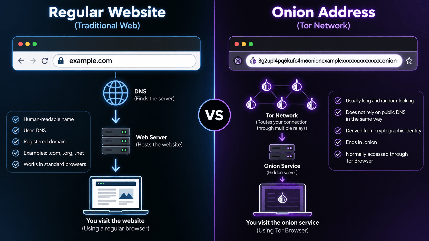 Regular website domain compared with a long Tor .onion address