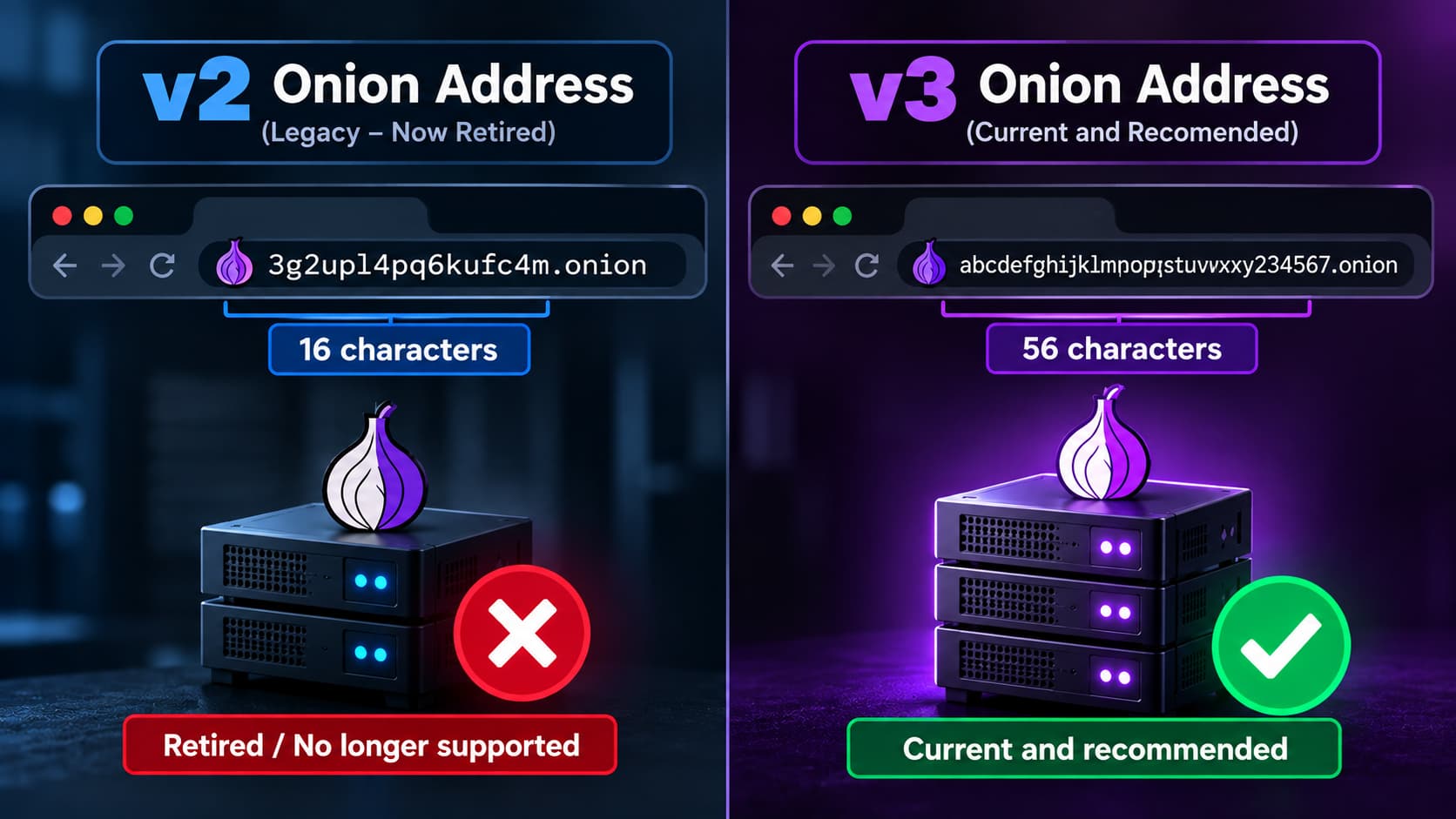 Comparison of old 16-character v2 and modern 56-character v3 onion addresses